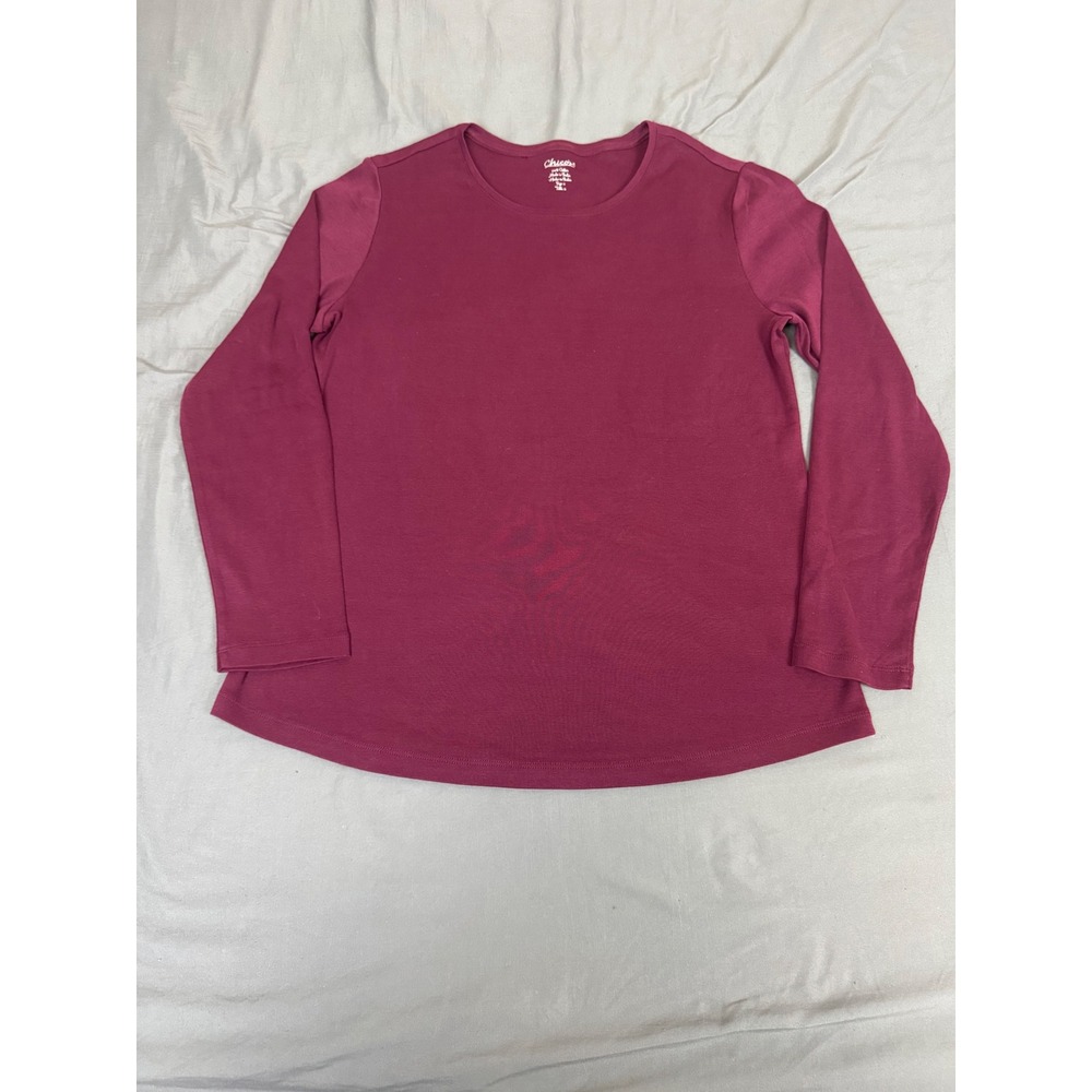 Chicos Womens Size 2 Burgundy Wine Red 100% Cotton Long Sleeve Crew Neck T-Shirt